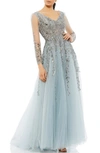 Mac Duggal Illusion Long Sleeve Tulle Ball Gown In Platinum