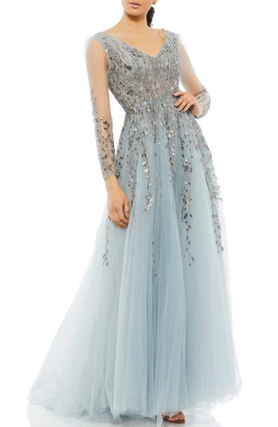 Mac Duggal Illusion Long Sleeve Tulle Ball Gown In Platinum