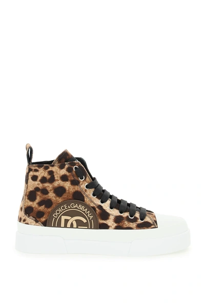 Dolce & Gabbana Cotton Drill Portofino Light Mid-top Sneakers With Leopard Print In Brown,white