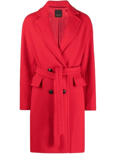 Pinko Double-breasted Belted Coat In Red