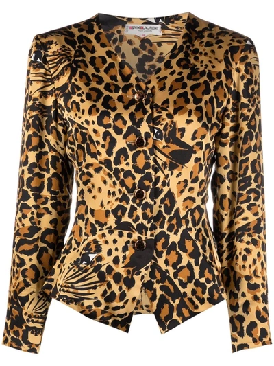 Pre-owned Saint Laurent Leopard-print Single-breasted Jacket In 褐色