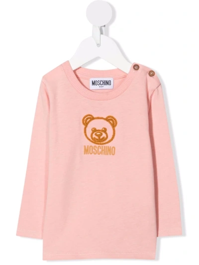 Moschino Babies' Embroidered Teddy Bear T-shirt In 粉色