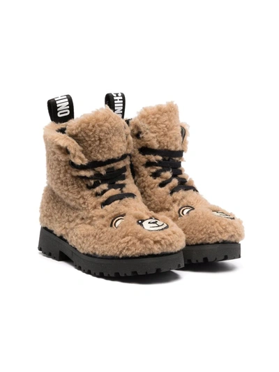 Moschino Kids' Embroidered Bear Patch Teddy Boots In Brown