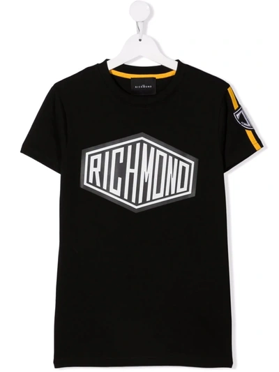 John Richmond Junior Teen Stripe-trim Logo T-shirt In 黑色