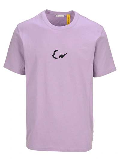 Moncler Man Lilac T-shirt With Embroidered Logos In Purple