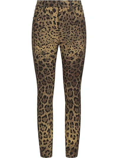Dolce & Gabbana Diva Metallic Leopard-print High-rise Skinny Jeans In Brown