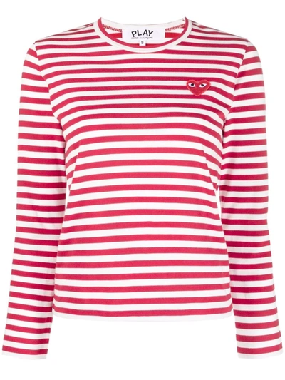 Comme Des Garçons Play Heart Patched Stripe Sweatshirt In Red