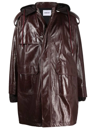Ambush Zipped-up Leather Coat In Braun