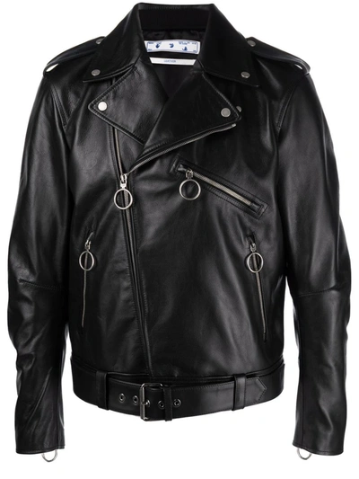Off-white Marker Leather Biker Jacket In Black