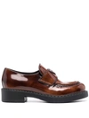 Prada Logo-plaque Brushed-effect Loafers In Brown
