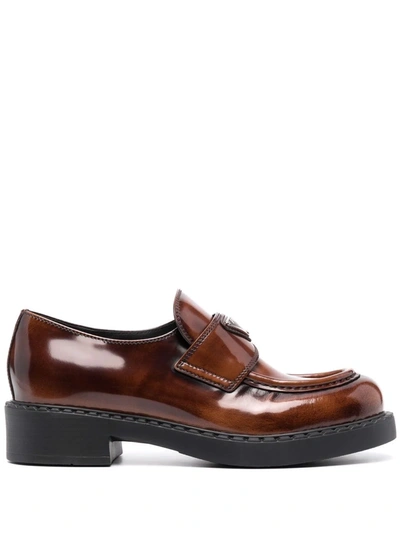 Prada Logo-plaque Brushed-effect Loafers In Brown