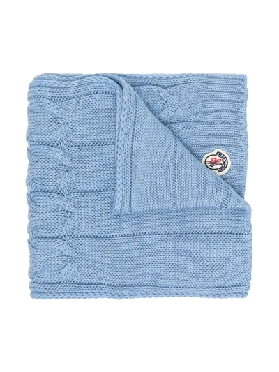 Moncler Kids' Cable Knit Logo-patch Scarf In Blue