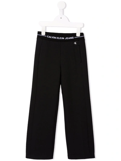 Calvin Klein Kids' Waistband-logo Straight Trousers In Black