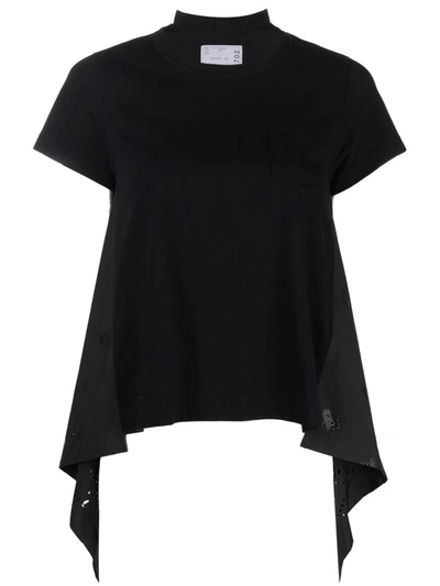 Sacai Broderie Anglaise Cotton T-shirt In Black