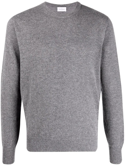 Ferragamo Fine-knit Ribbed-trim Jumper In Grey