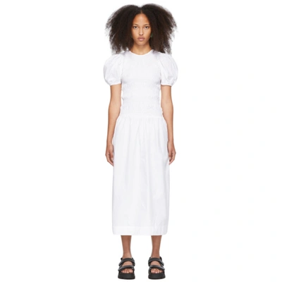 Ganni Smocked Organic Cotton-poplin Midi Dress In Bright White
