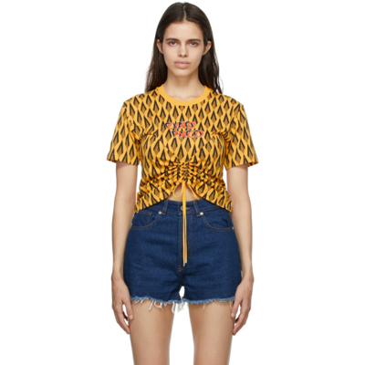 Paco Rabanne Cropped Ruched Printed Cotton-jersey T-shirt In Yellow