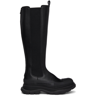 Alexander Mcqueen Leather Exaggerated-sole Knee Boots In Black