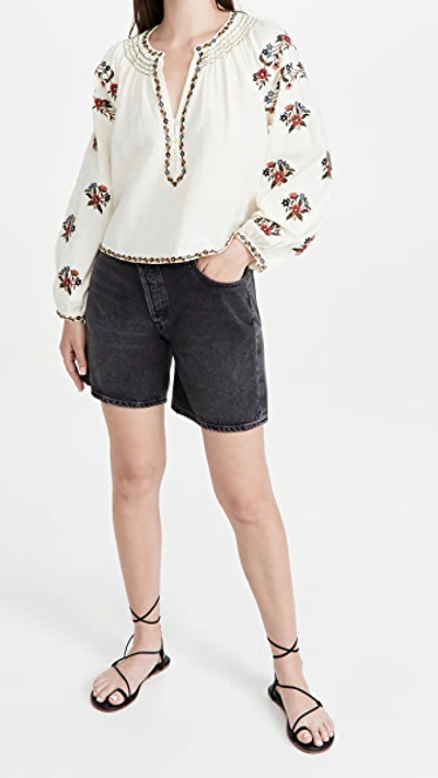 The Great The Passage Embroidered Cotton And Linen-blend Top In Cream Wmulti