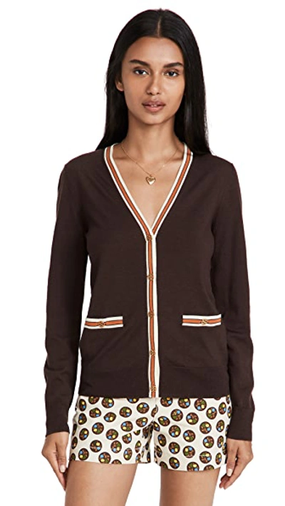 Tory Burch Madeline Wool V-neck Button-front Cardigan W/ Contrast Trim In Marrone