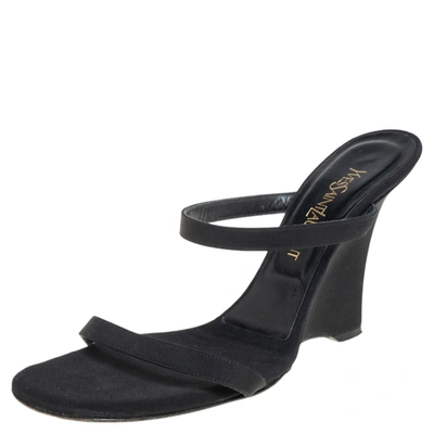 Pre-owned Saint Laurent Black Satin Wedge Slide Sandals Size 38