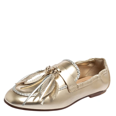 Pre-owned Tod's Metallic Gold/silver Leather Fringe Slip On Loafers Size 36.5