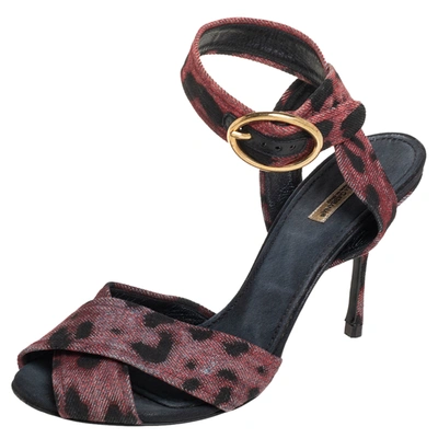 Pre-owned Dolce & Gabbana Multicolor Leopard Print Fabric Cross Detail Ankle Strap Sandals Size 40