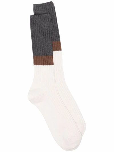 Eleventy Colour-block Ribbed Socks In White