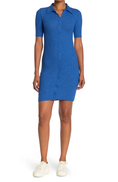 Melloday Short Sleeve Ribbed Knit Button Down Dress In Blue