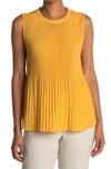Adrianna Papell Woven Pleated Sleeveles Top In Yellow Ivory Small Dot