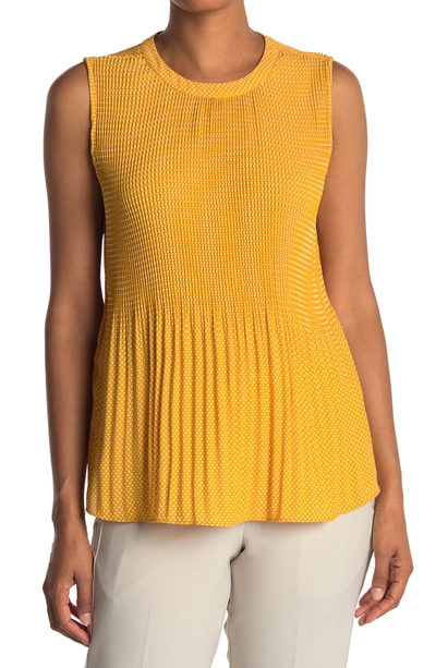 Adrianna Papell Woven Pleated Sleeveles Top In Yellow Ivory Small Dot