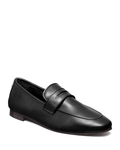 Bougeotte Leather Penny Loafers W/ Shearling Trim In Black
