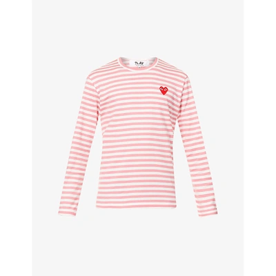 Comme Des Garçons Play Branded Stripe-print Cotton-jersey Top In Pink X Wht