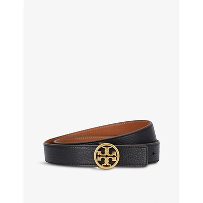 Tory Burch 25mm Reversible Grained Leather Belt In Black/gold