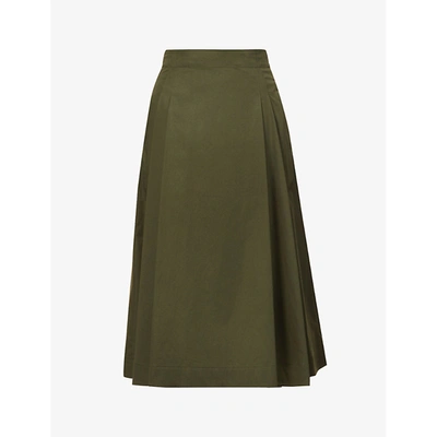 Max Mara Cotton Satin Midi Skirt W/ Side Pockets In Dark Green