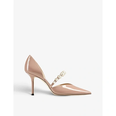 Jimmy Choo Aurelie 85 Pearl-embellished Patent-leather Courts In Ballet Pink/white