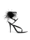 Saint Laurent Women's Instinct Pointed Toe Feather Trim High Heel Thong Sandals In Black