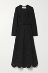 VALENTINO BRODERIE ANGLAISE-TRIMMED WOOL AND SILK-BLEND CREPE DRESS