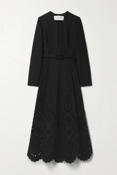 Valentino Broderie Anglaise-trimmed Wool And Silk-blend Crepe Dress In Black