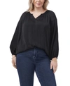 Vince Camuto Plus Size Long Sleeve Front Rumple Peasant Blouse In Rich Black