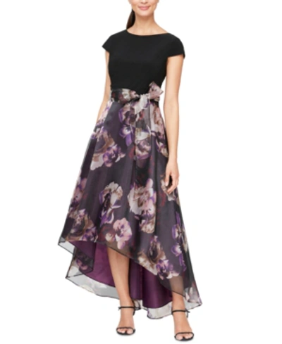 Sl Fashions Printed Organza High-low Gown In Purple Multi