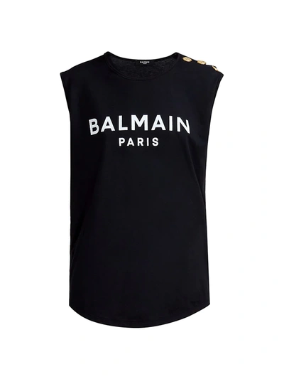 Balmain Shoulder Button Flocked Logo Tank Top In Noir Blanc