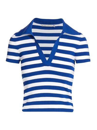 Alice And Olivia Daralee Stripe Fitted Polo Pullover Sweater In Blue Eyes/ Soft White