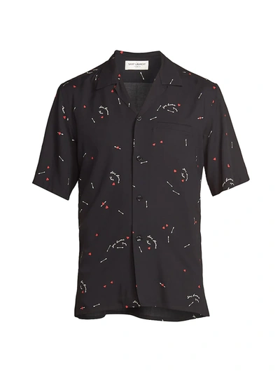 Saint Laurent Cupid Print Shark Collar Button-down Shirt In Neromulti