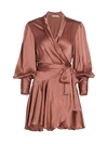Zimmermann Belted Washed Silk-satin Mini Wrap Dress In Rose