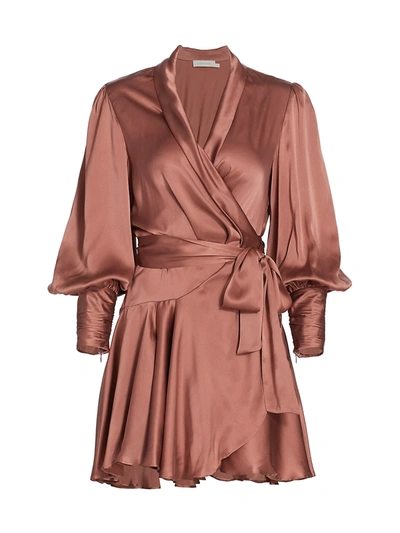 Zimmermann Belted Washed Silk-satin Mini Wrap Dress In Rose
