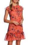 Cece Expresive Lillies Flutter Sleeve Dress In Hot Lava