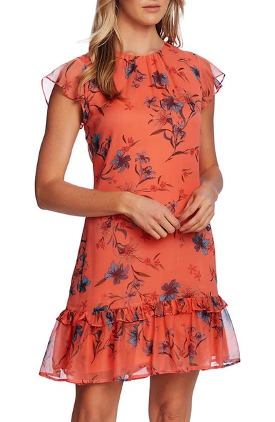 Cece Expresive Lillies Flutter Sleeve Dress In Hot Lava