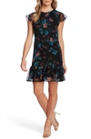 Cece Expresive Lillies Flutter Sleeve Dress In Rich Black