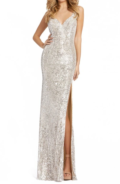 Mac Duggal Sequin Side Slit Column Gown In Buttercup